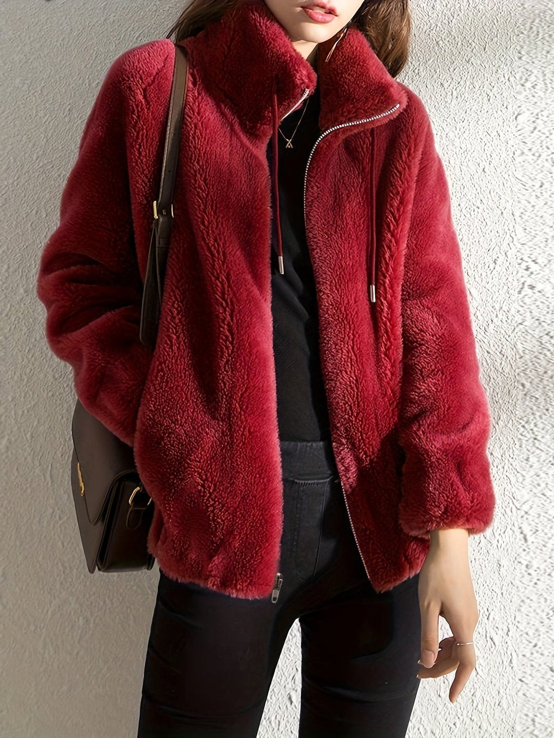 Rosalind plush teddy jacket with stand collar in red, front view
