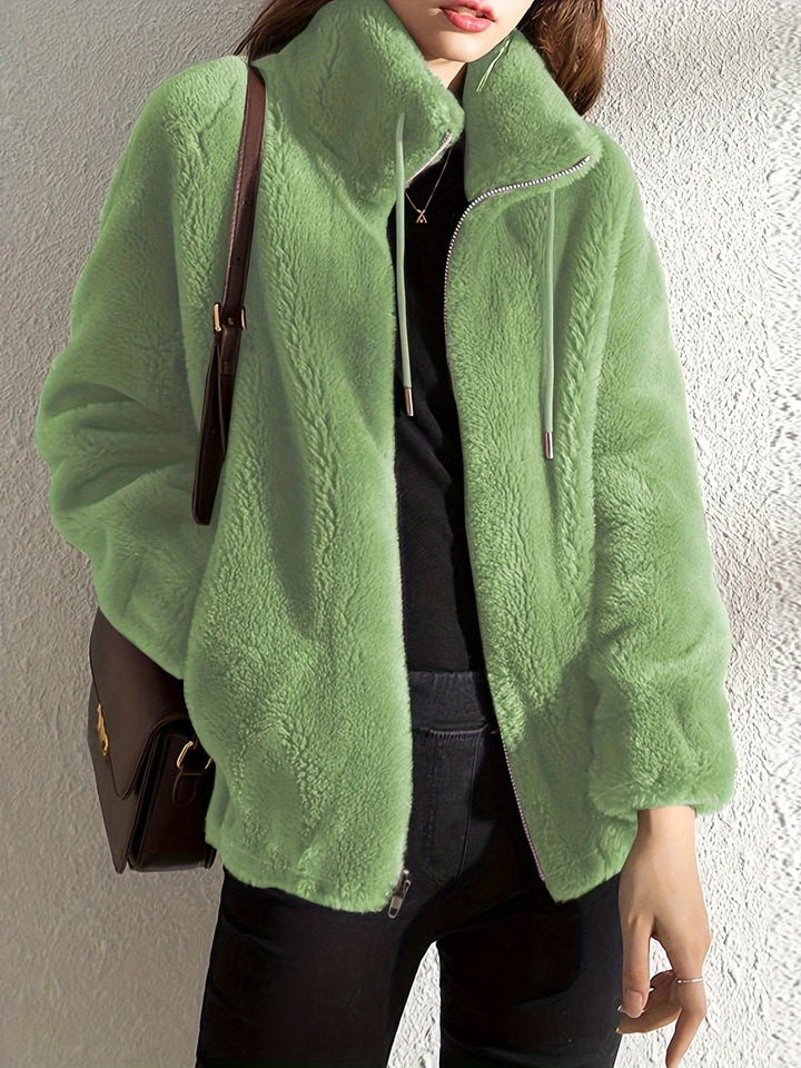 Rosalind plush teddy jacket with stand collar in dark green, front view