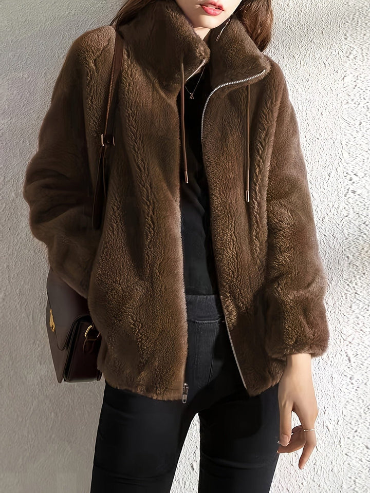 Rosalind plush teddy jacket with stand collar in dark green, front view