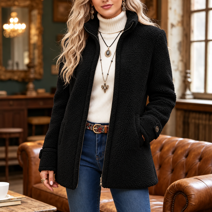 Wilhelmina black teddy fleece jacket with stand collar, front view