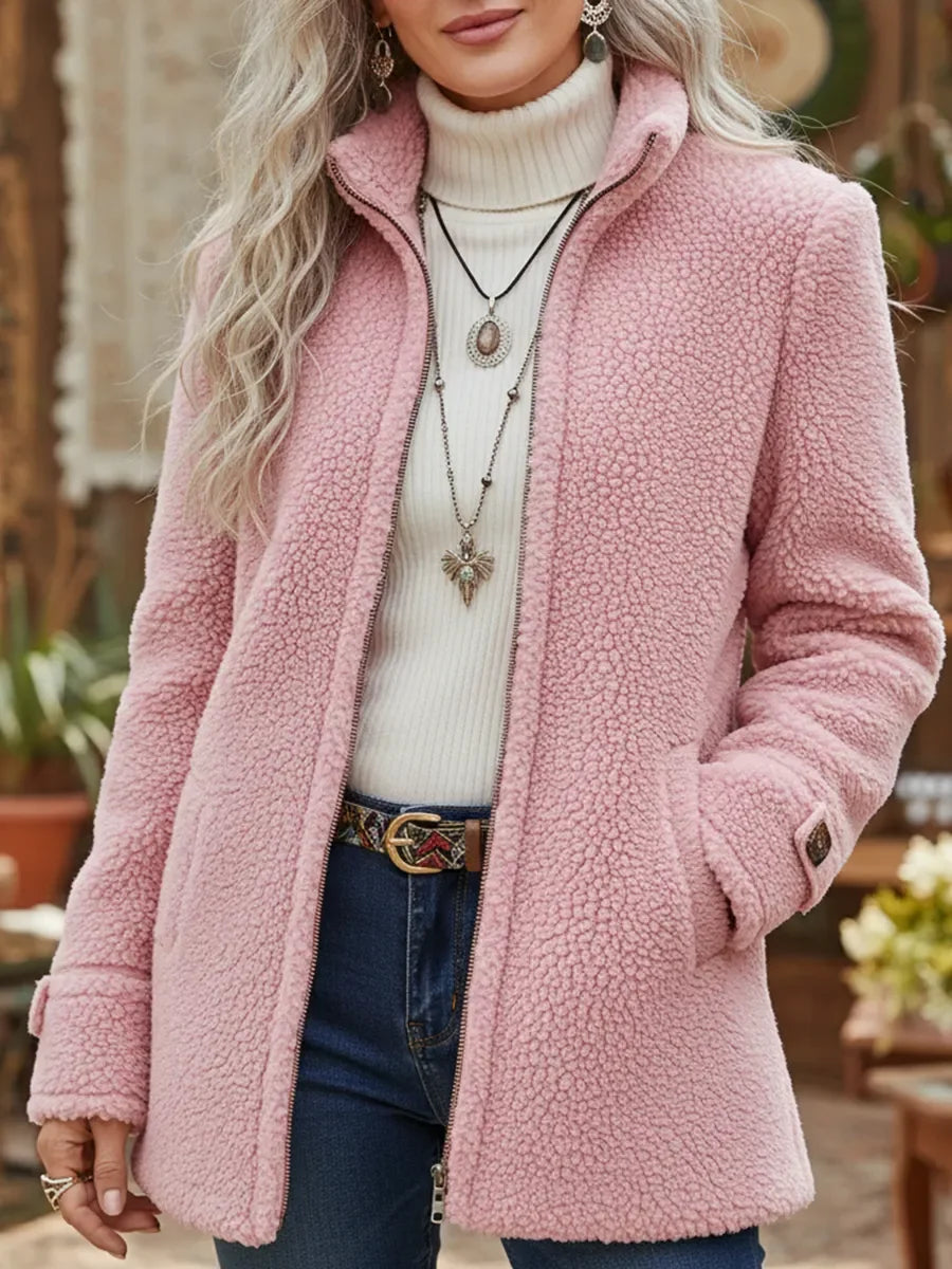 Fenwick pink textured zip jacket, close-up front detail