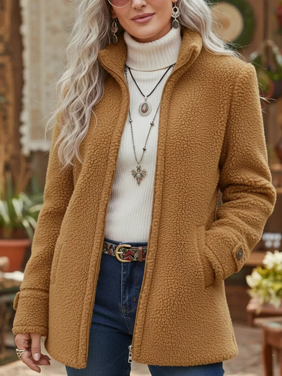 Fenwick camel textured zip jacket, close-up front detail
