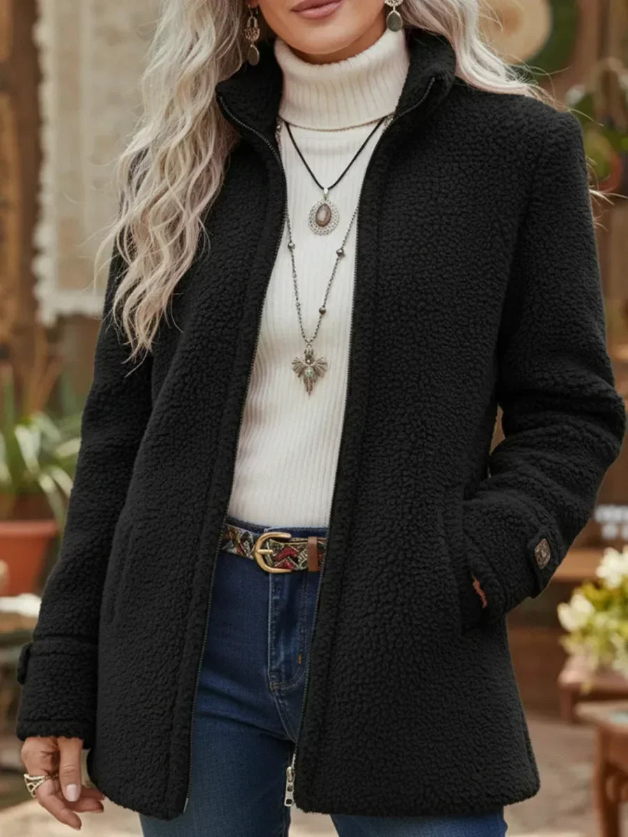 Fenwick camel textured zip jacket, close-up front detail