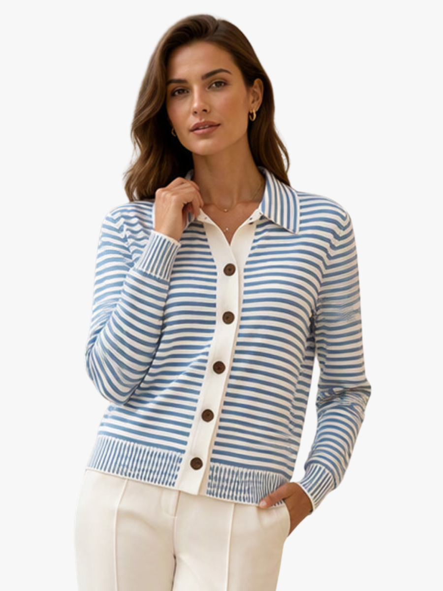 Marielle striped collared cardigan in blue and white, front view