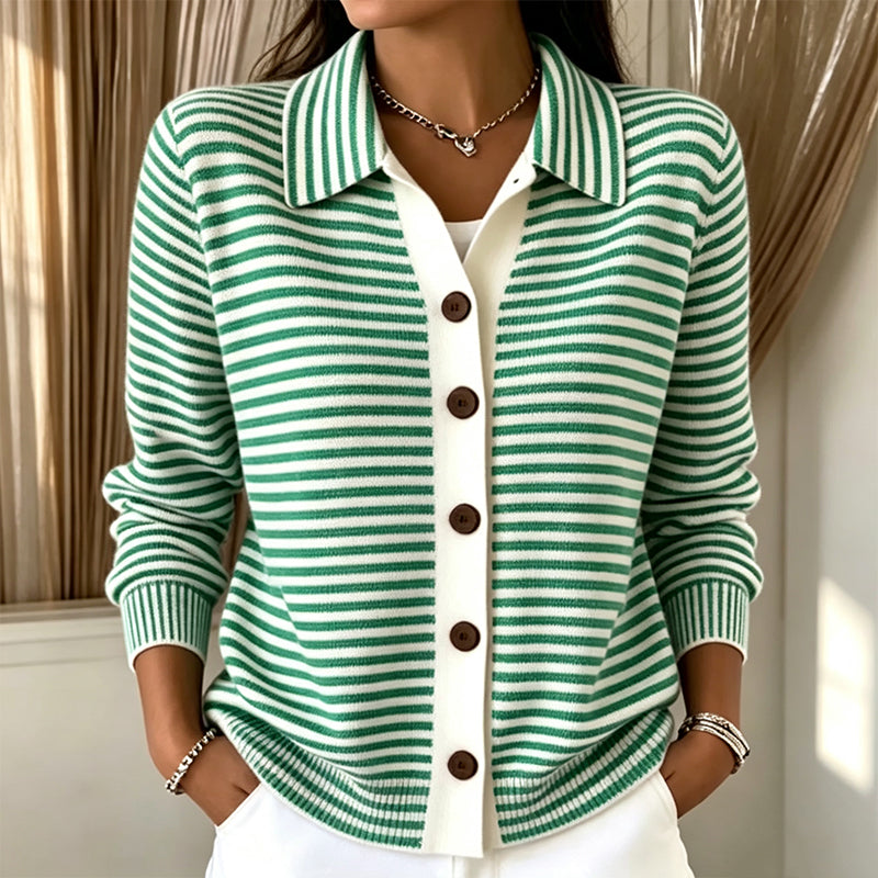 Marielle striped collared cardigan in green and white, close-up front view