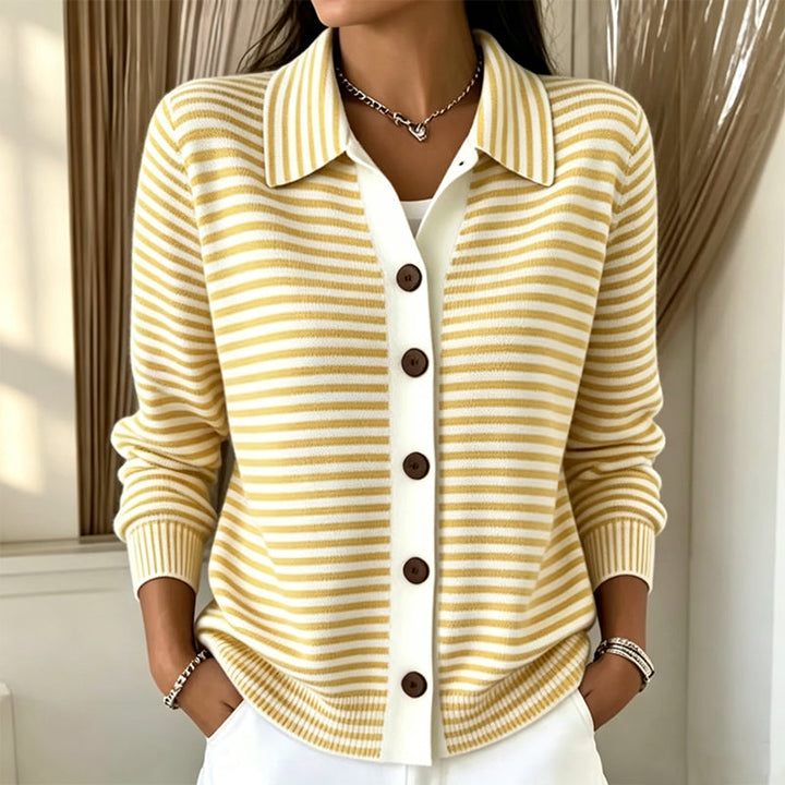 Marielle striped collared cardigan in yellow and white, close-up front view
