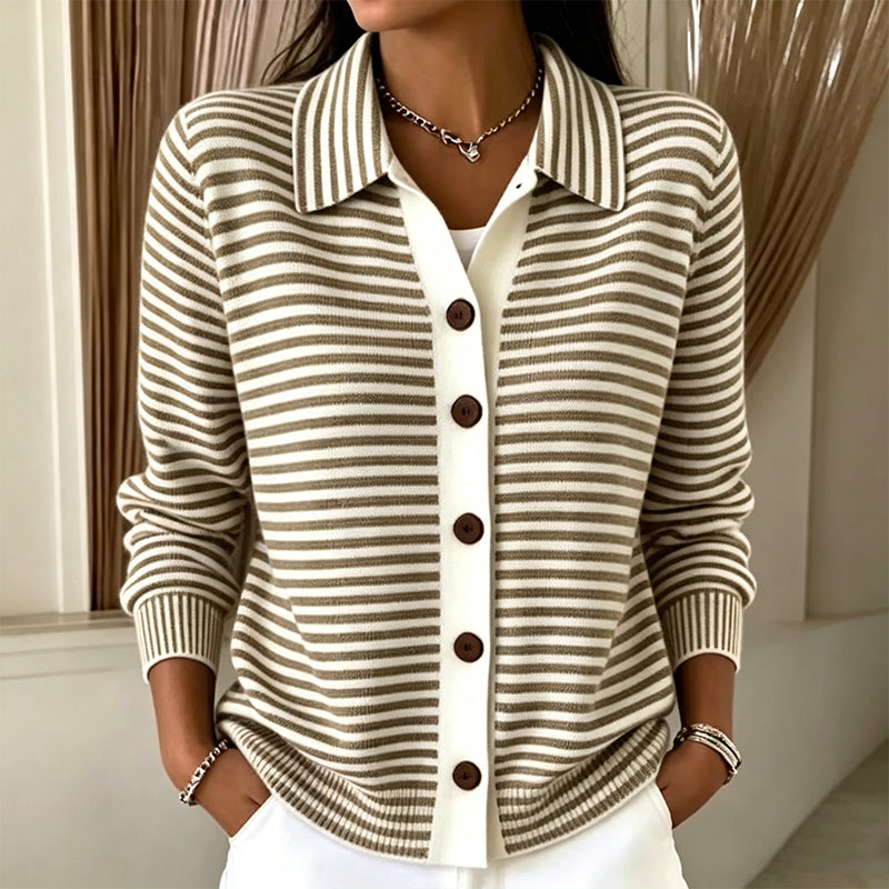 Marielle striped collared cardigan in brown and white, close-up front view