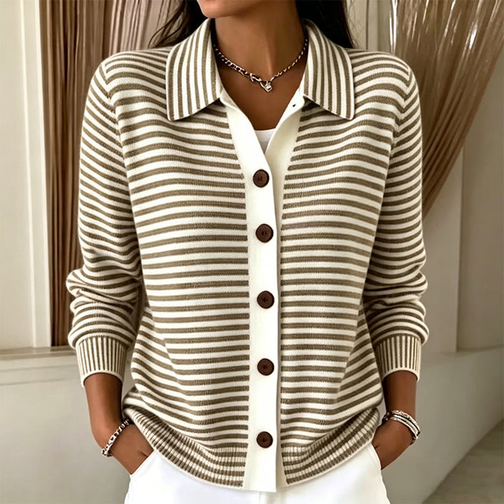 Marielle striped collared cardigan in brown and white, close-up front view