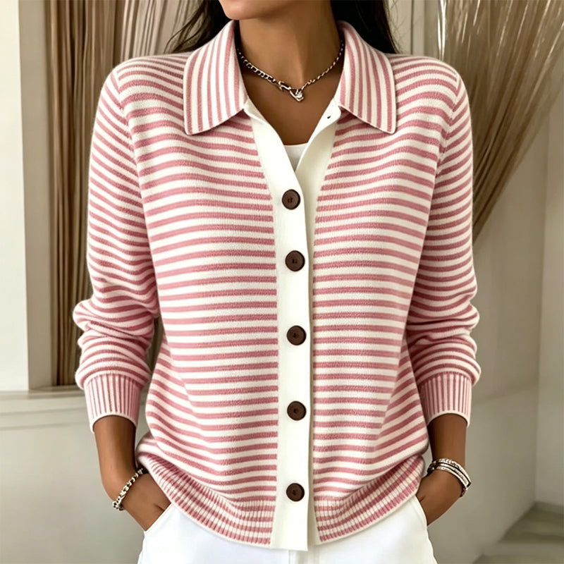 Marielle striped collared cardigan in brown and white, close-up front view