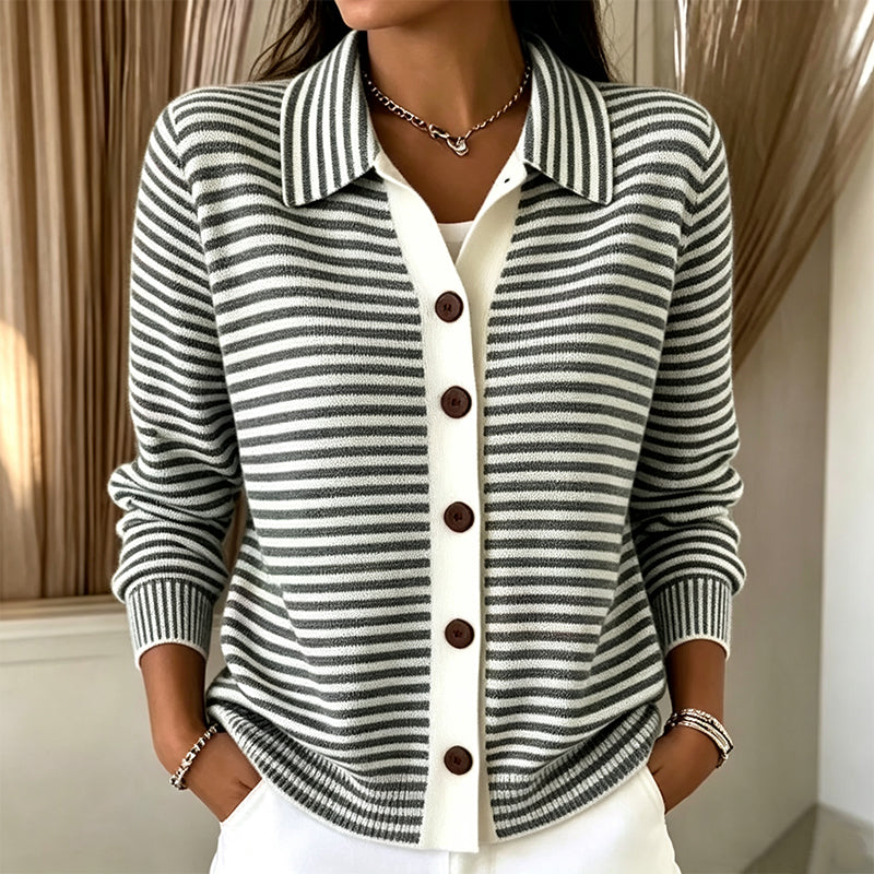 Marielle striped collared cardigan in brown and white, close-up front view