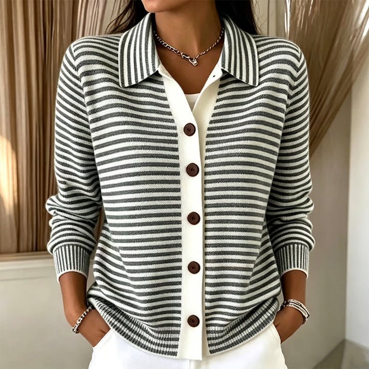 Marielle striped collared cardigan in brown and white, close-up front view