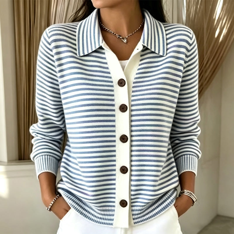 Marielle striped collared cardigan in brown and white, close-up front view