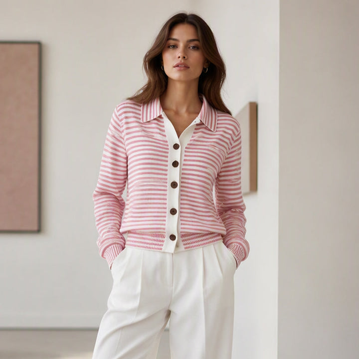 Marielle striped collared cardigan in brown and white, close-up front view