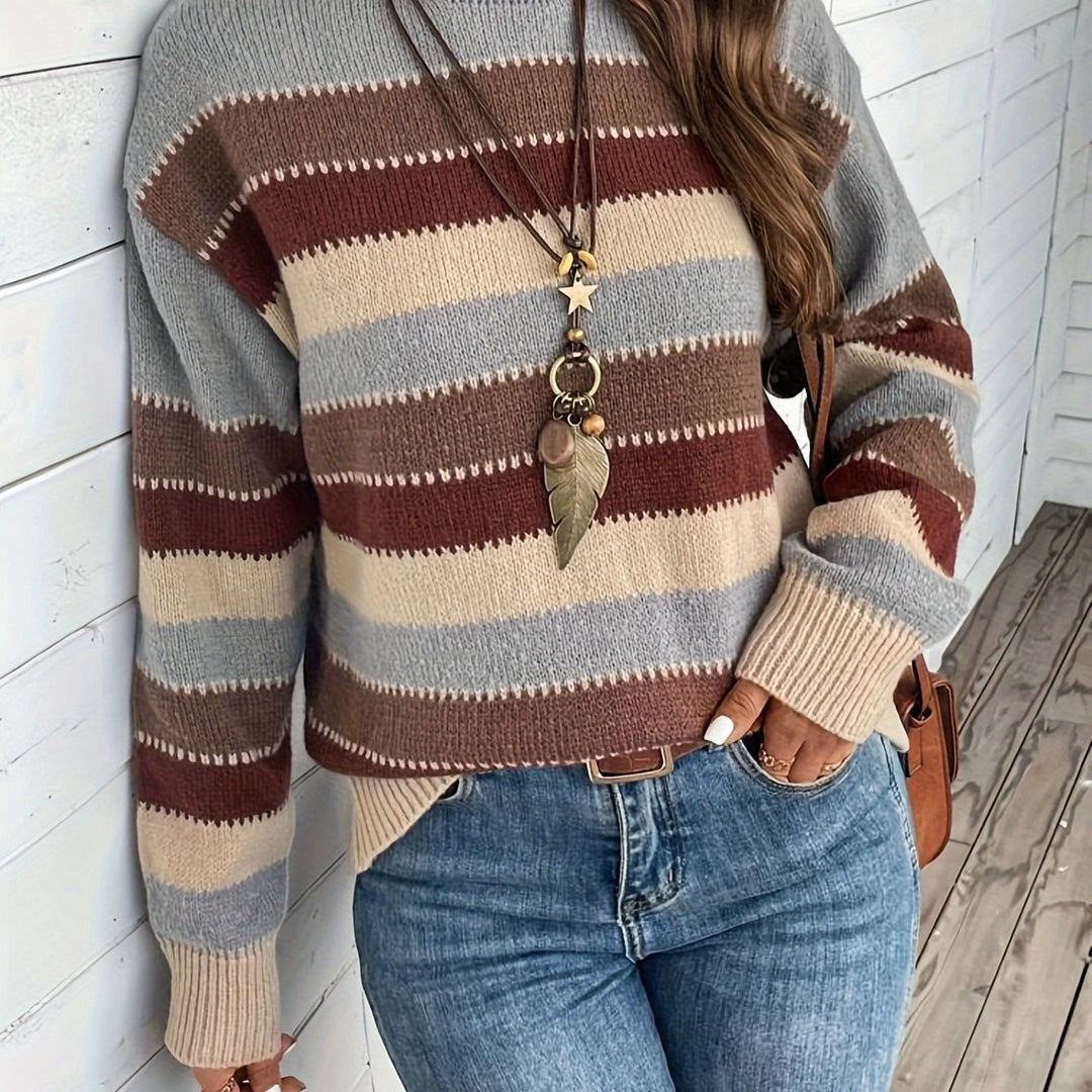 Odessa striped round neck sweater, close-up front view with layered pendant necklace