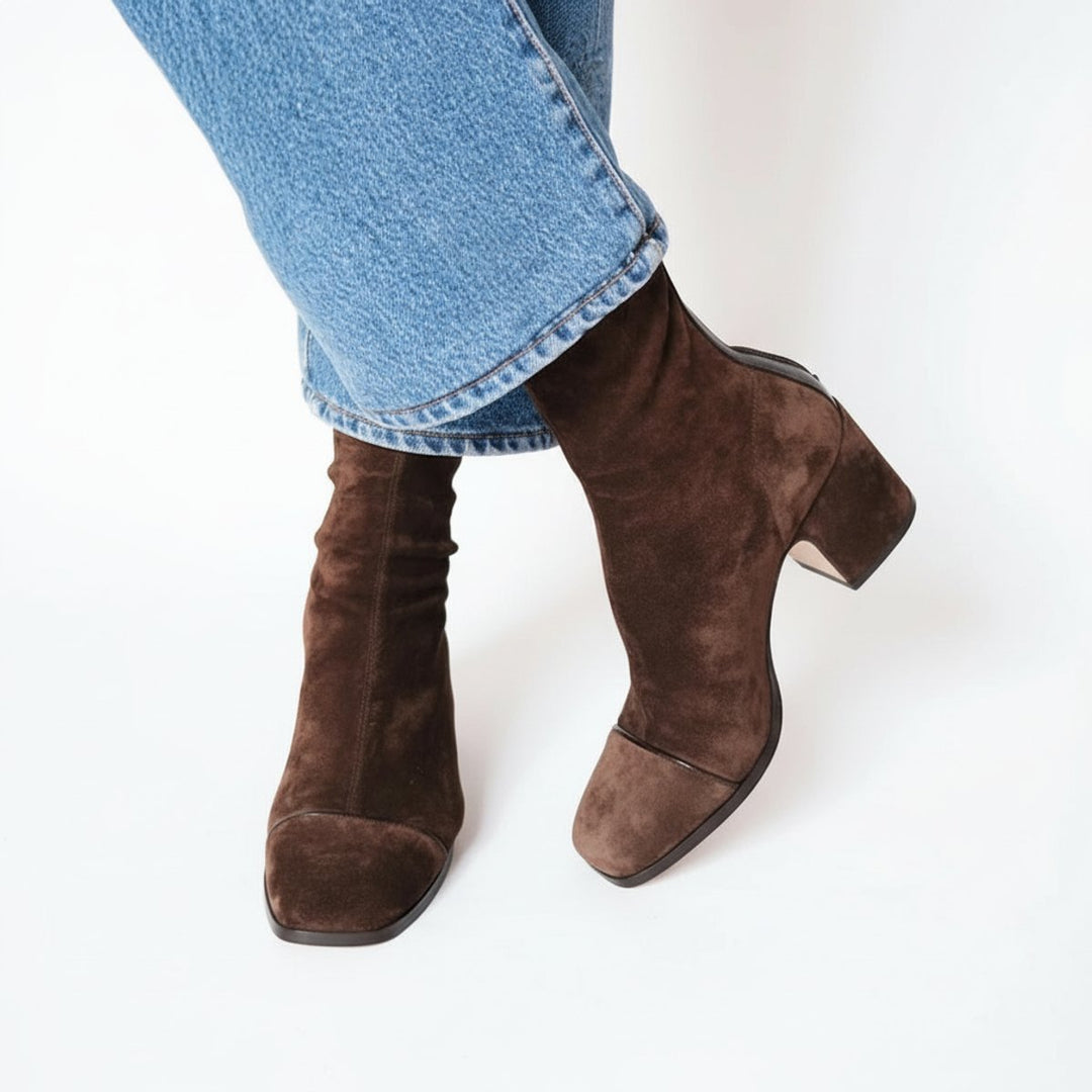 Odalys dark brown suede square toe ankle boots, crossed-leg side view