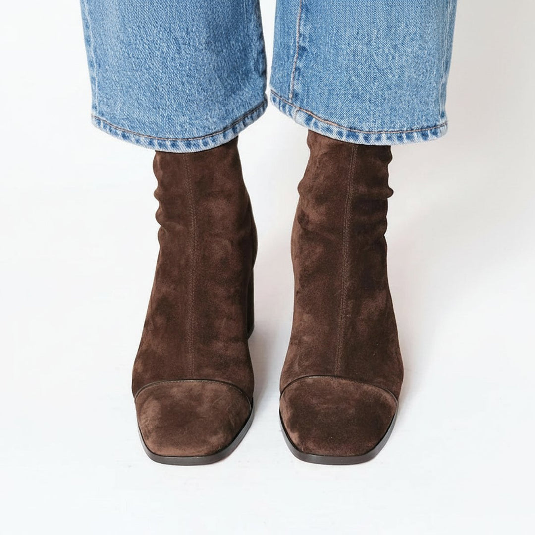 Odalys dark brown suede square toe ankle boots, front view