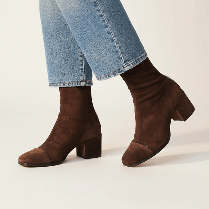 Odalys dark brown suede square toe ankle boots, walking side profile