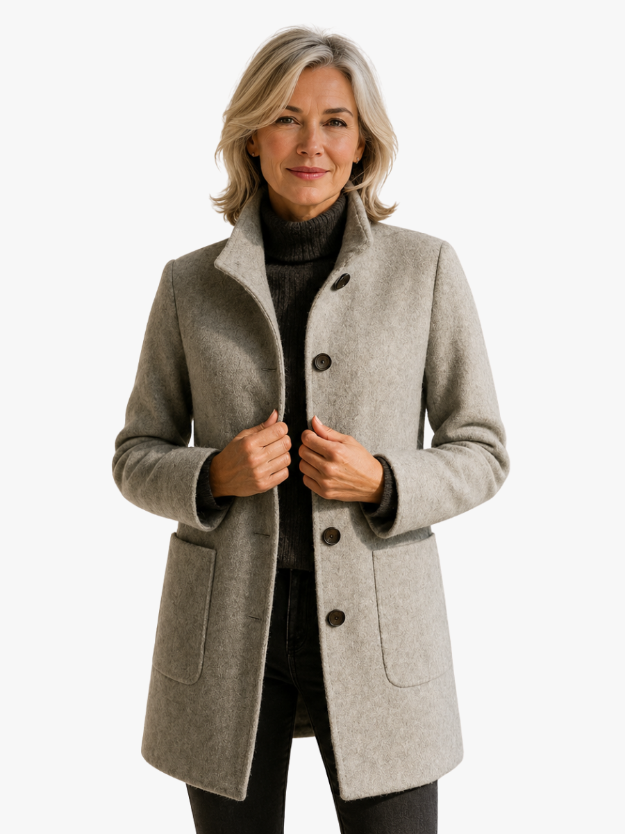 Odalys tailored button front coat, front view close-up on model