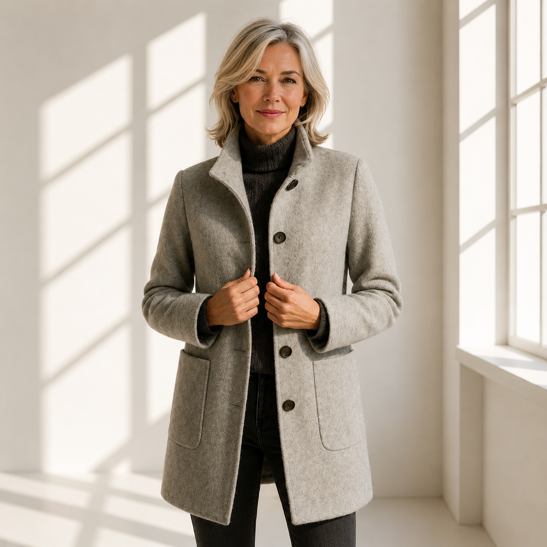 Odalys tailored button front coat in purple heather, front view