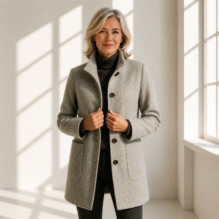 Odalys tailored button front coat in purple heather, front view