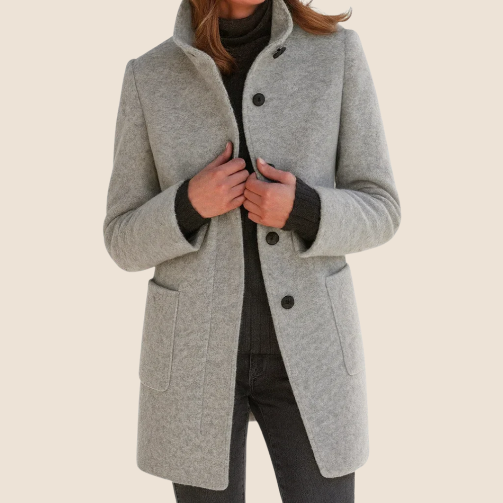 Odalys fitted wool coat in light gray heather, front view