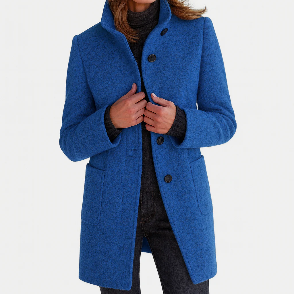 Odalys tailored button front coat in blue heather, front view