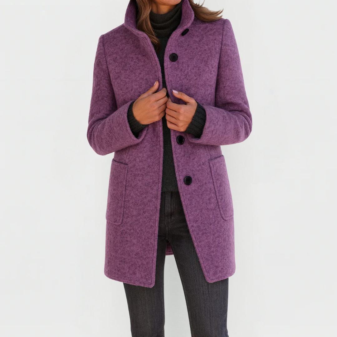 Odalys tailored button front coat in purple heather, front view