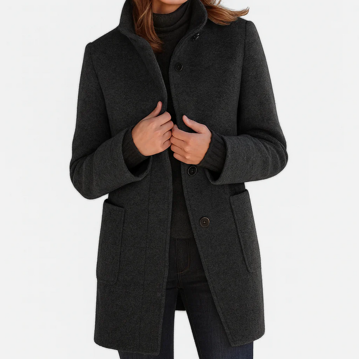 Odalys tailored button front coat in purple heather, front view
