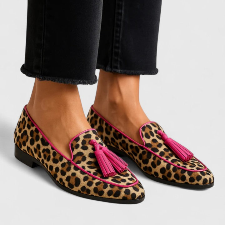 Marguerite tasseled orthopedic loafers, side view on model