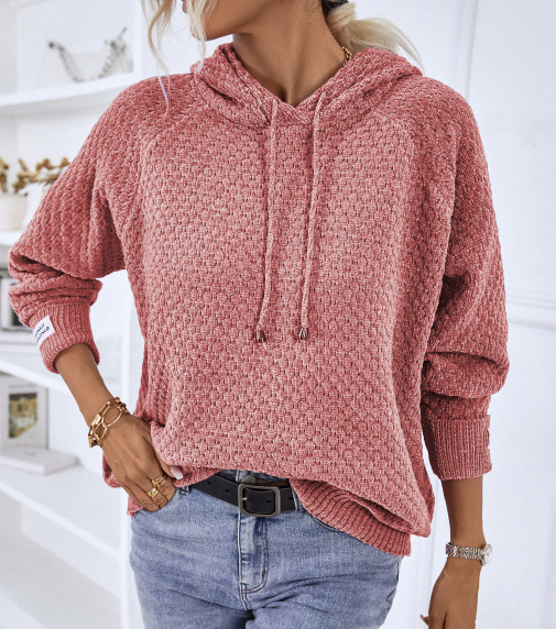 Marielle textured hooded sweater in purple, back view