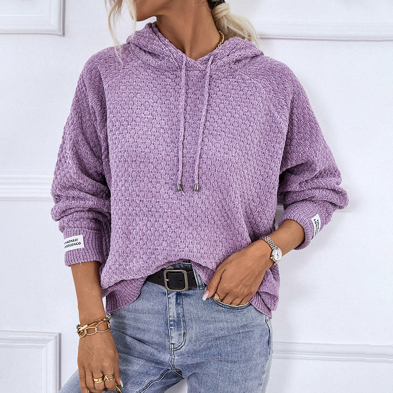 Marielle textured hooded sweater in purple, front view