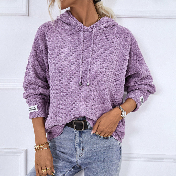 Marielle textured hooded sweater in purple, front view