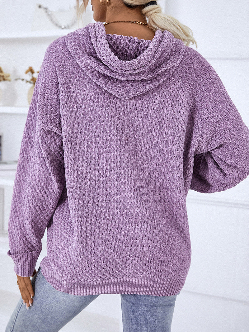 Marielle textured hooded sweater in purple, back view