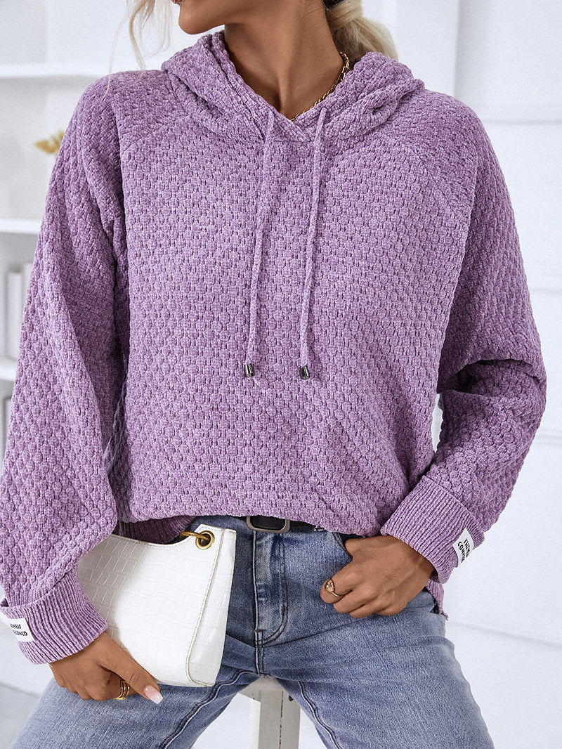 Marielle textured hooded sweater in purple, back view