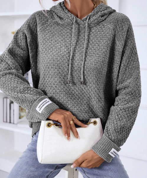 Marielle textured hooded sweater in purple, back view