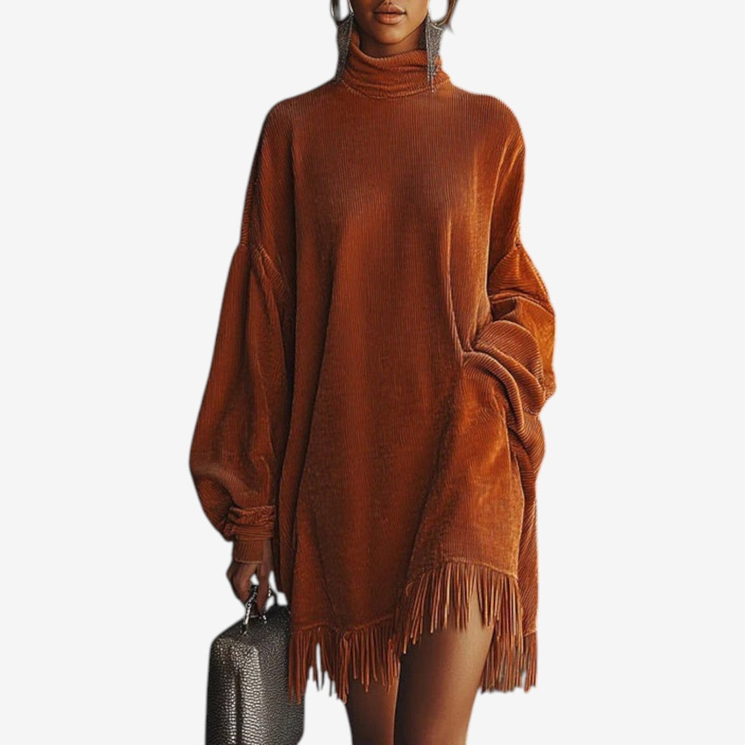 Marielle turtleneck fringe hem sweater dress, front view