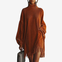 Women's Turtleneck Long Sleeve Fringe Hem Sweater Dress | Marielle