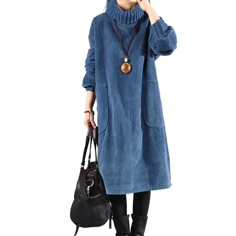 Marisela turtleneck sweater dress in blue, close-up front view