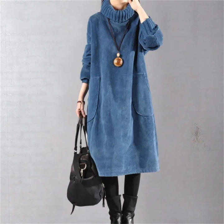 Marisela turtleneck sweater dress in blue, close-up front view