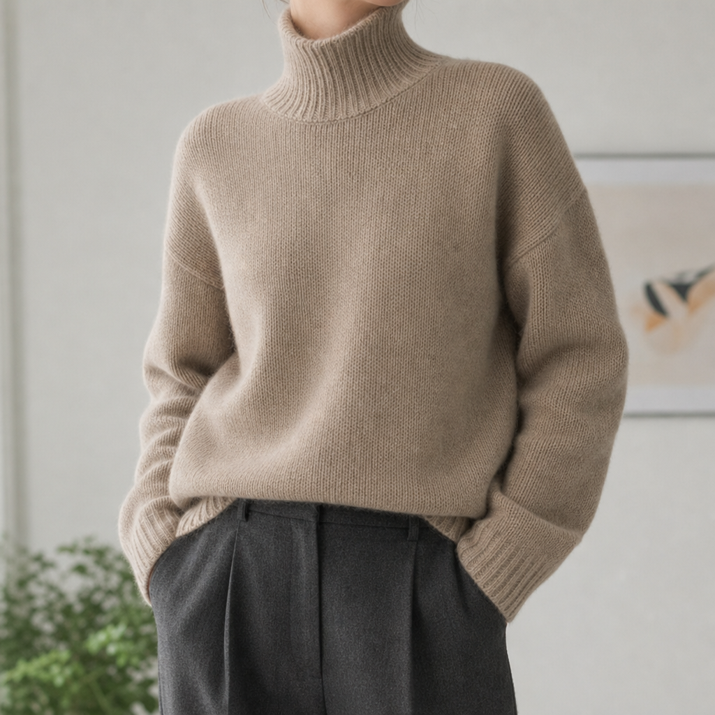Esmée turtleneck pullover sweater in khaki, front view