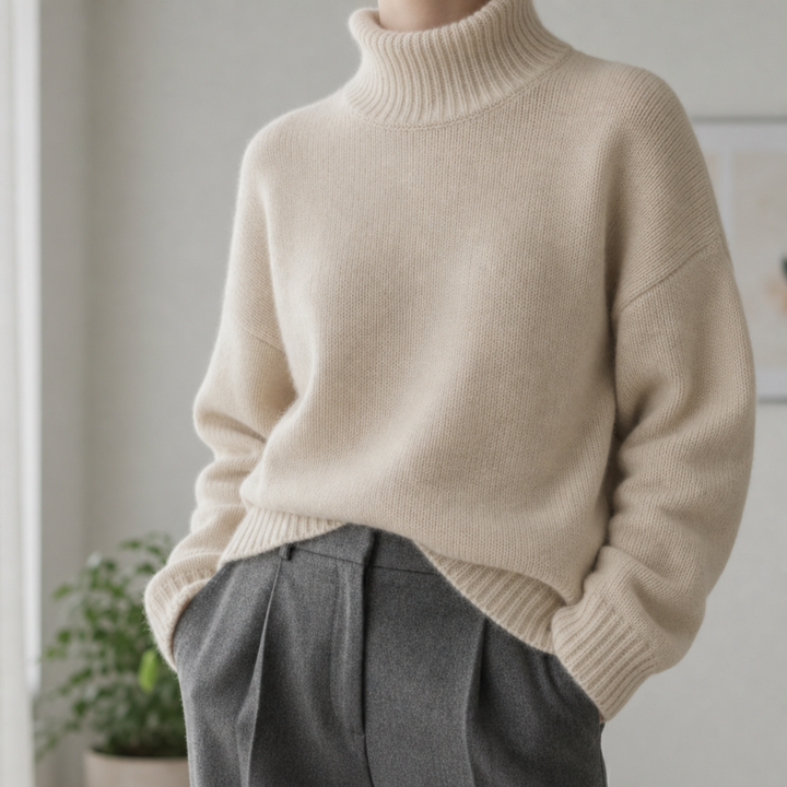 Esmée turtleneck pullover sweater in beige, front view