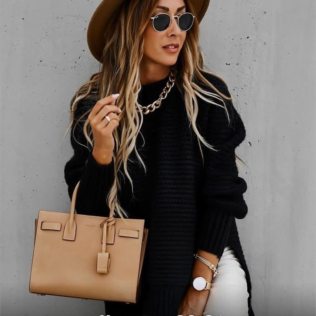 Wilhelmina black turtleneck oversized sweater, front view with accessories