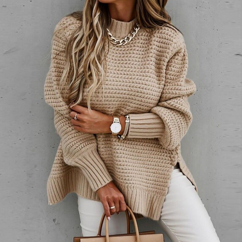 Wilhelmina beige turtleneck oversized sweater, front view