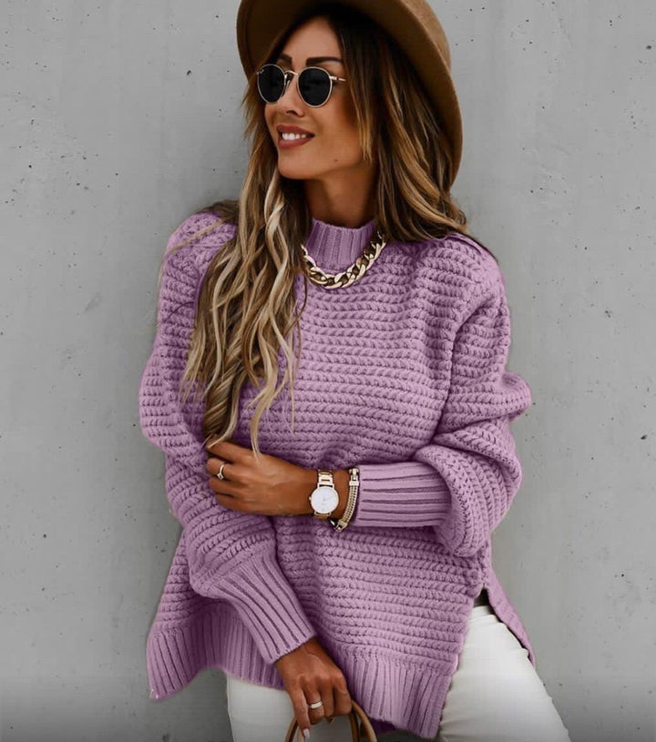 Wilhelmina beige turtleneck oversized sweater, front view