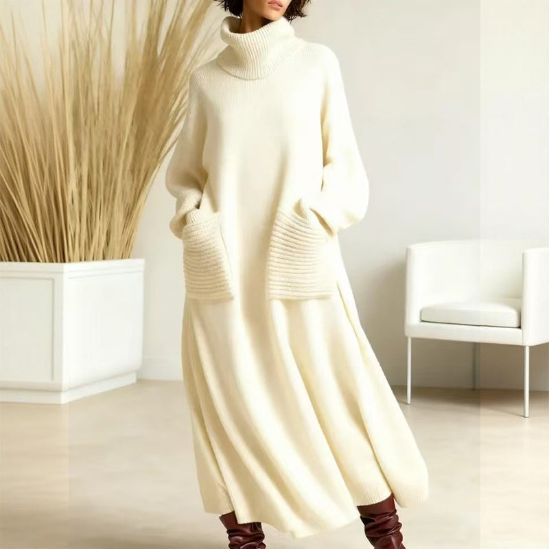 Rosalind turtleneck midi sweater dress in cream, front view with pockets