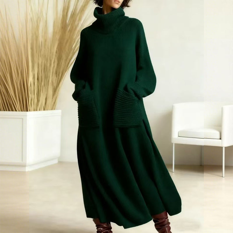 Rosalind turtleneck midi sweater dress in dark green, front view
