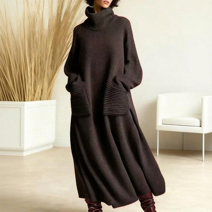 Rosalind turtleneck midi sweater dress in dark brown, front view