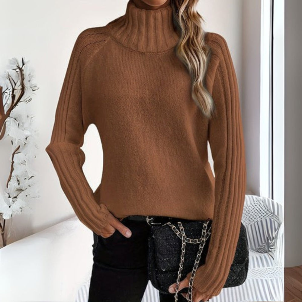 Rosalie brown turtleneck ribbed sleeve sweater, front view