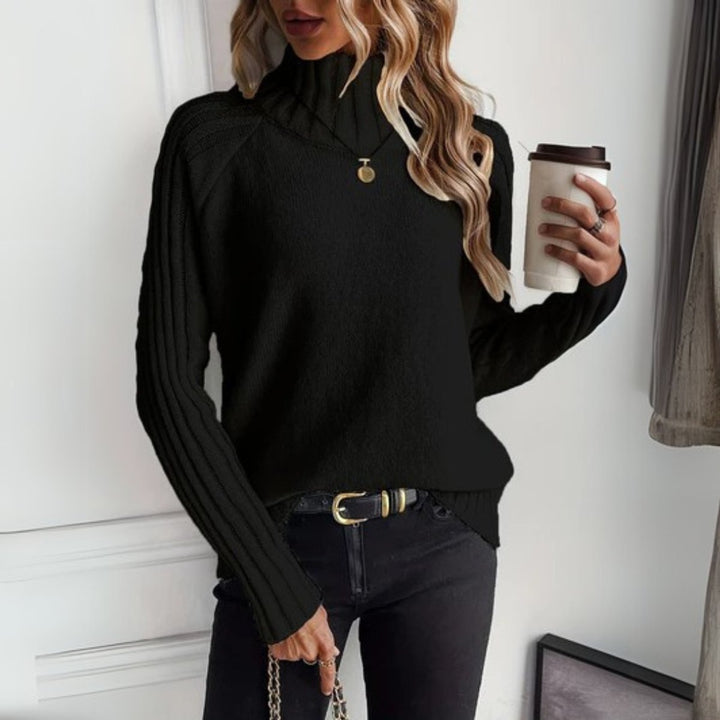 Rosalie black turtleneck ribbed sleeve sweater, front view