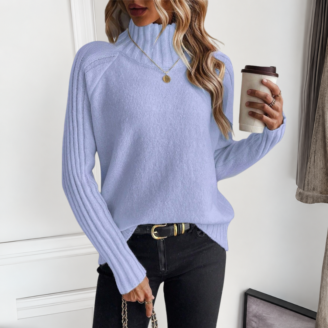 Rosalie black turtleneck ribbed sleeve sweater, front view